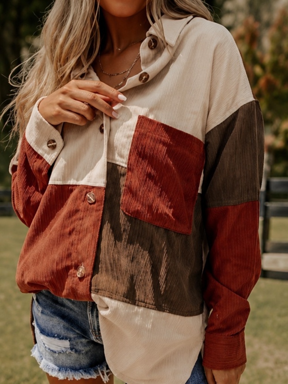 Everyday Chic Boutique Color block Shacket- Tan, Rust & Cream in Medium